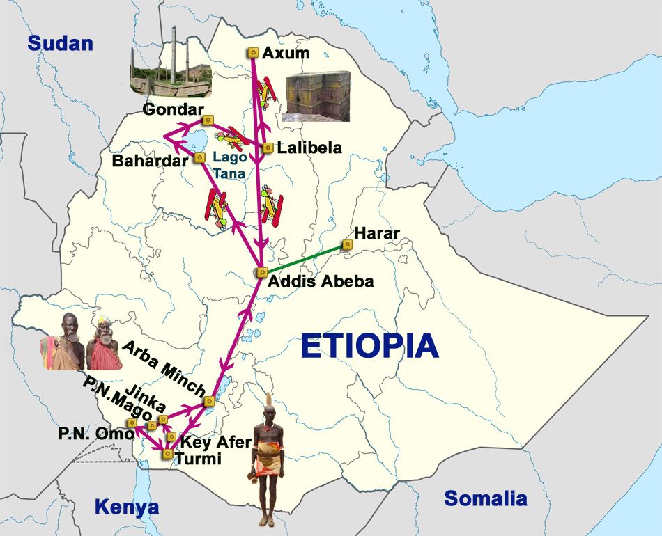 Mapa del viaje Etiopía Cuna de la Humanidad Norte - Sur 