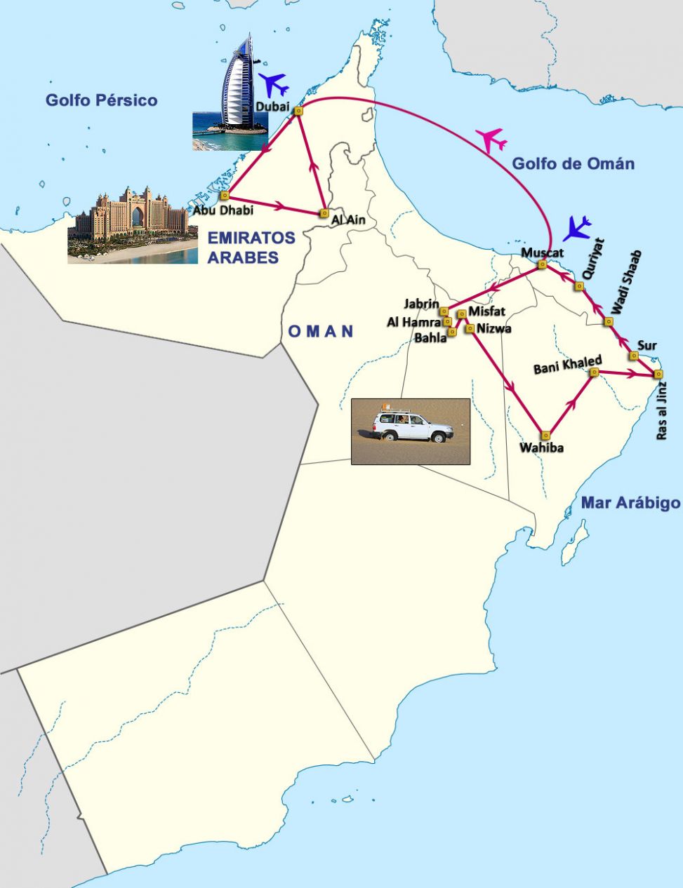 Mapa del viaje Oman - Emiratos. Entre mares y desiertos