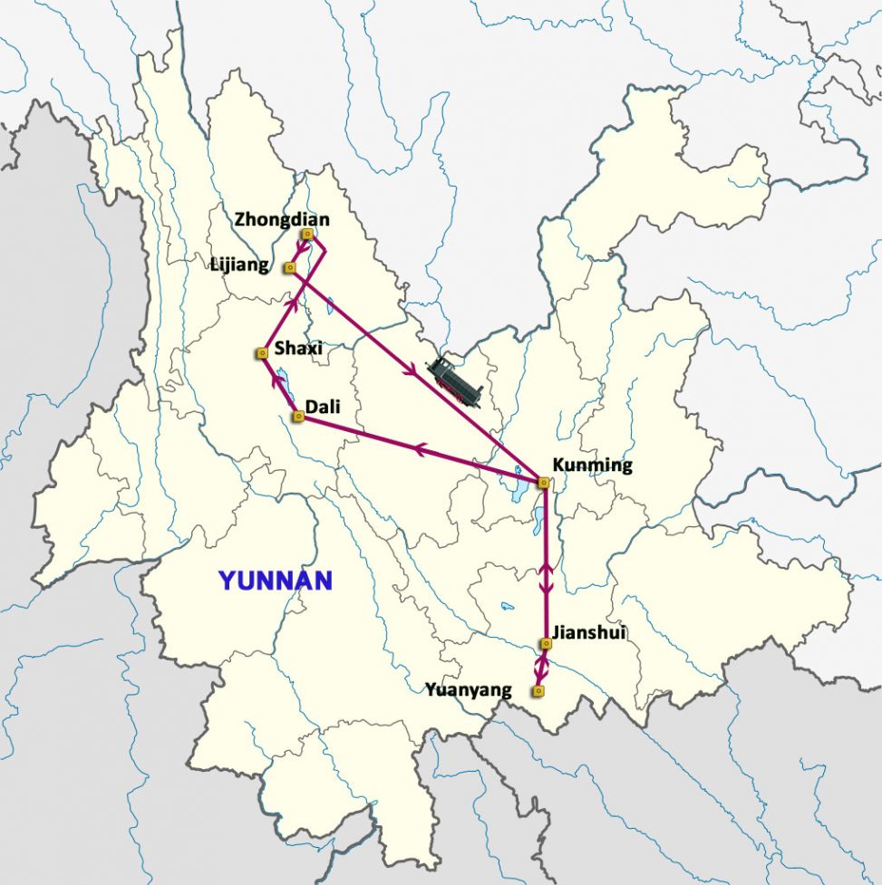 Mapa del viaje Yunnan al Completo. Extensión Tibet.