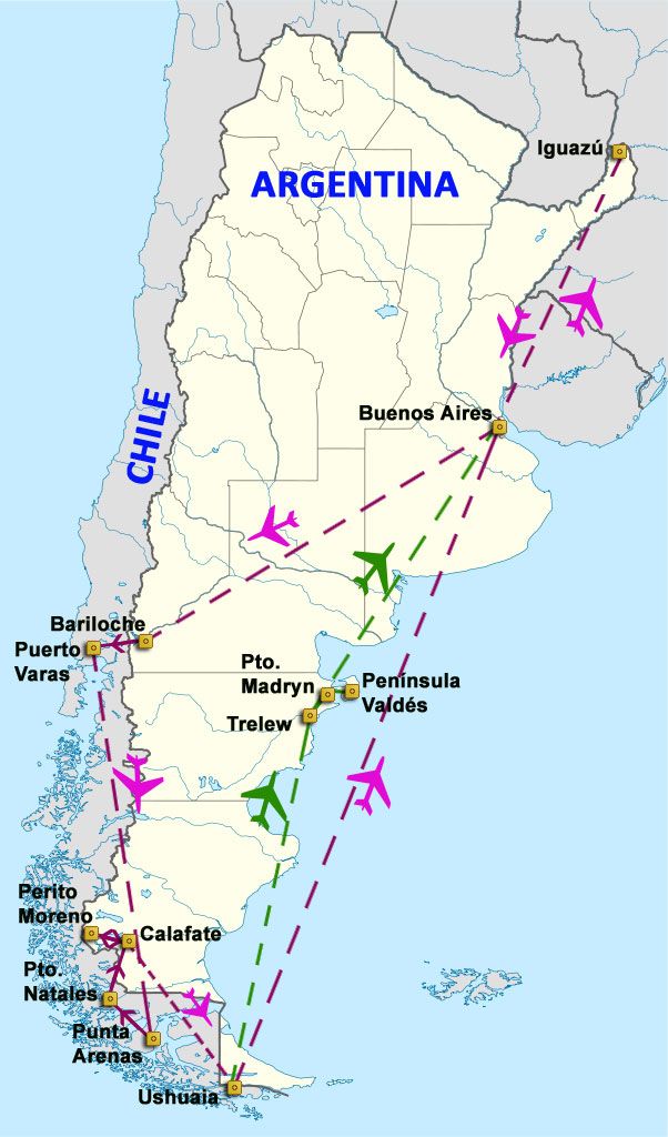 Mapa del viaje Argentina - Chile. Ruta Patagónica
