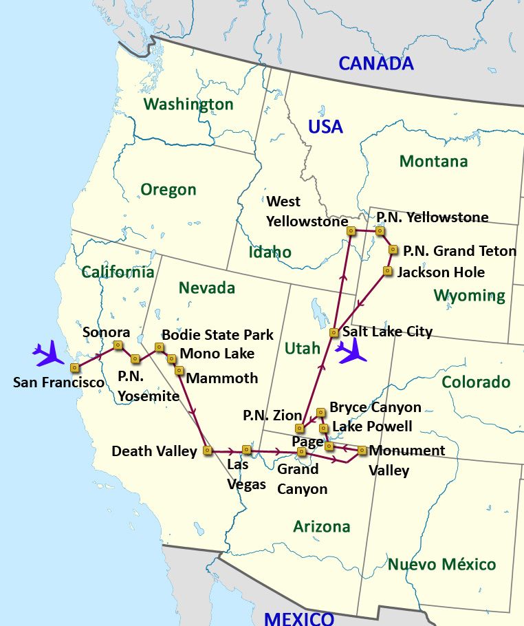 Mapa del viaje EEUU. De Yellowstone a San Francisco
