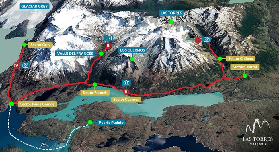 Mapa del viaje Trekking express W Torres del Paine