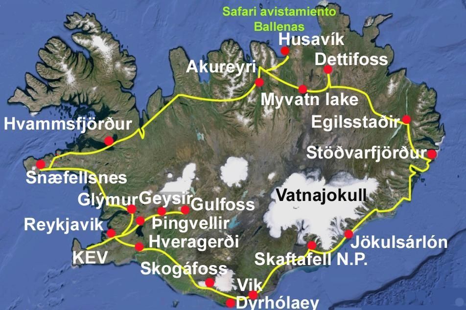 Mapa del viaje Islandia. La Gran Vuelta y Auroras Boreales