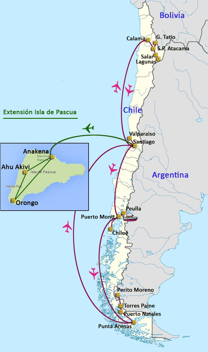 Mapa del viaje Chile de Norte a Sur y Pascua