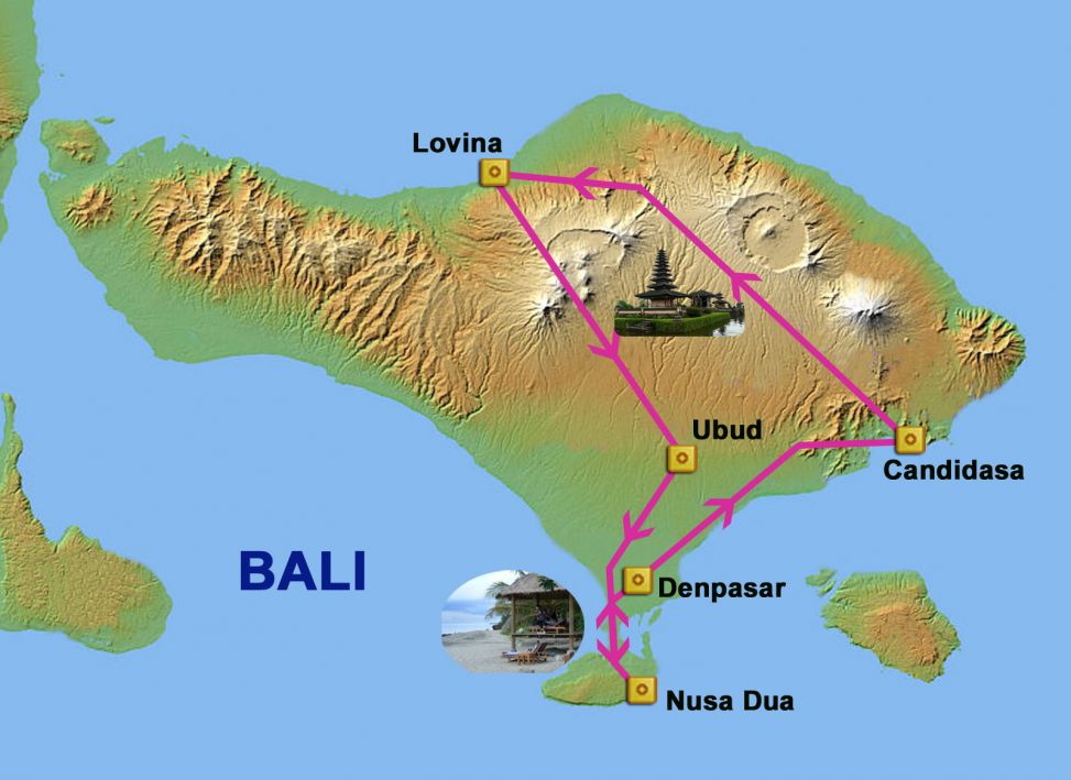 Mapa del viaje Bali. Playas - Volcanes y tradiciones.