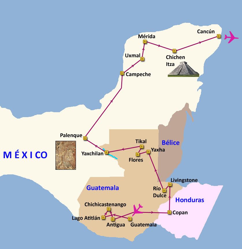 Mapa del viaje México - Guatemala - Honduras