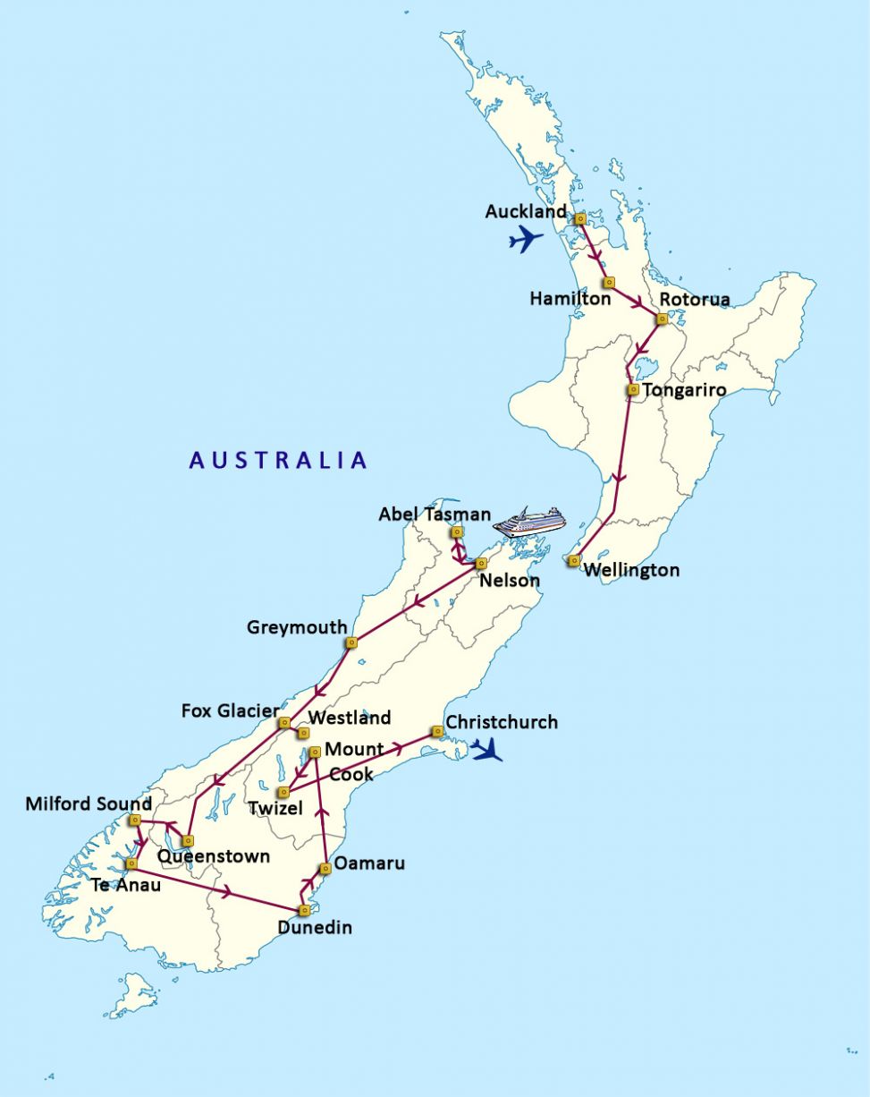 Mapa del viaje Nueva Zelanda. Aotearoa. 
