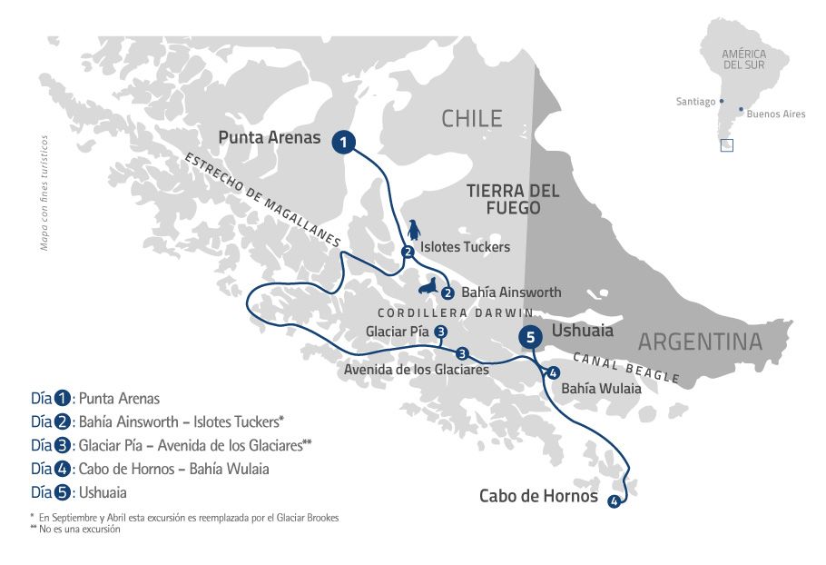 Mapa del viaje Navegación en los canales patagónicos I