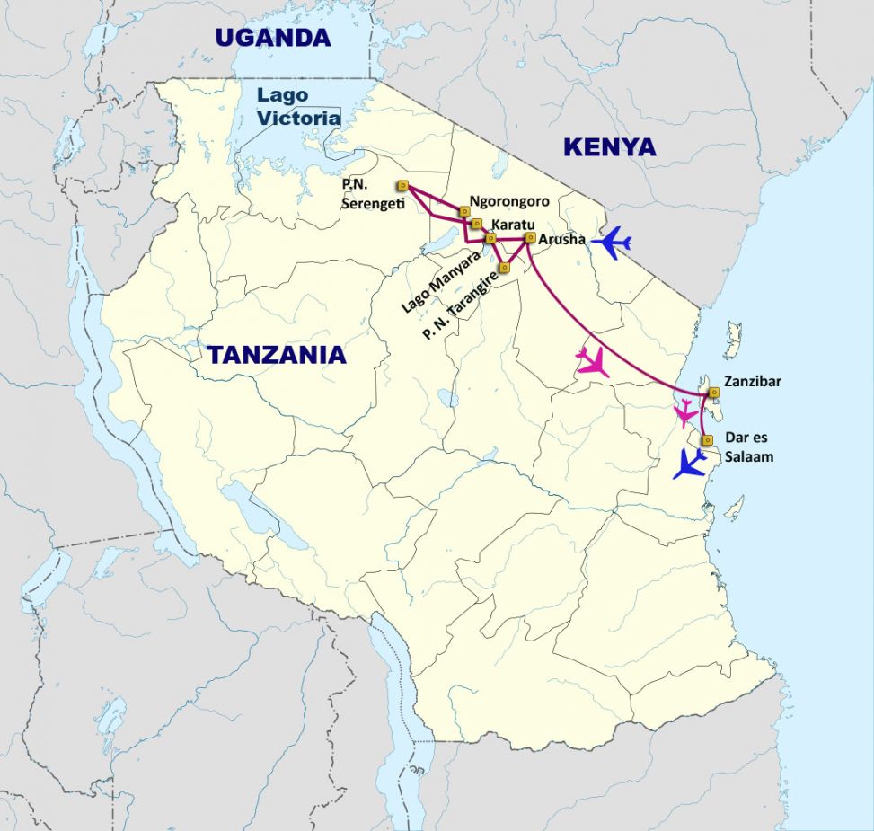 Mapa del viaje Safaris, Bosquimanos y Zanzíbar