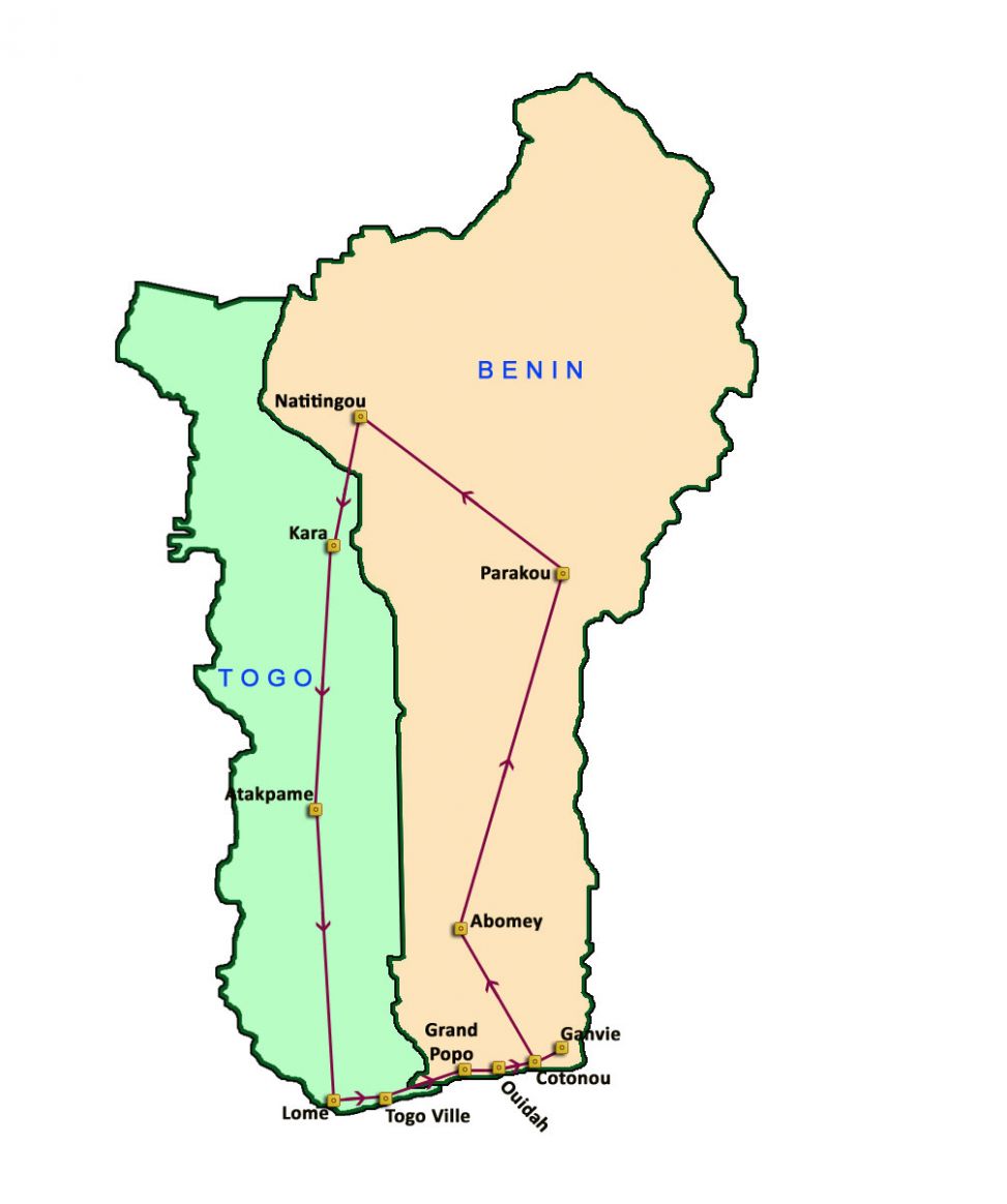 Mapa del viaje Togo y Benin. Ruta del Vudú