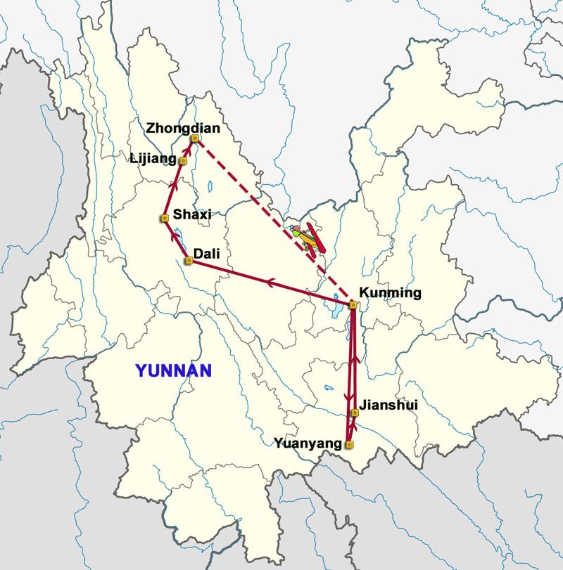 Mapa del viaje Yunnan a tu aire: Al sur de las nubes