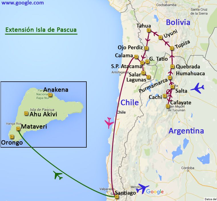 Mapa del viaje Salta - Uyuni - Atacama - Isla de Pascua