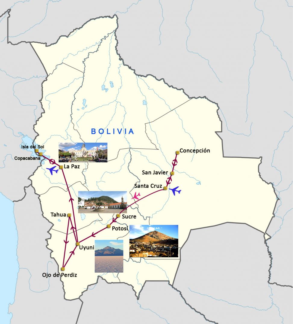 Mapa del viaje Bolivia. Quechuas, Aymaras y Misiones Jesuíticas