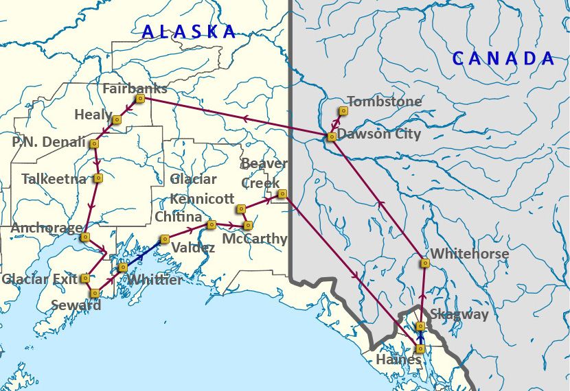 Mapa del viaje Alaska y Yukón. La última frontera