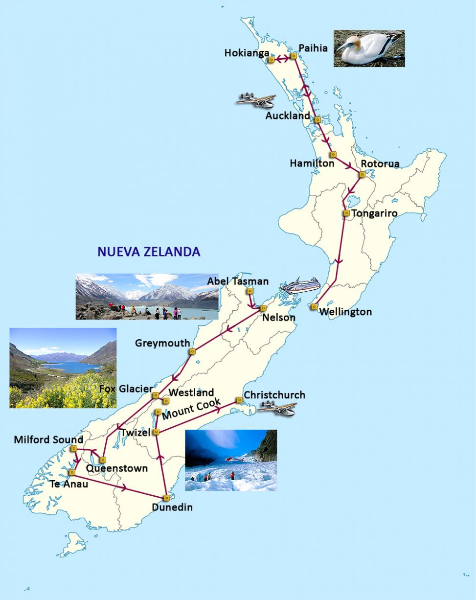 Mapa del viaje Nueva Zelanda. De Christchurch a Auckland
