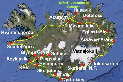 Mapa del viaje Islandia. Viajeros del Fuego y del Hielo