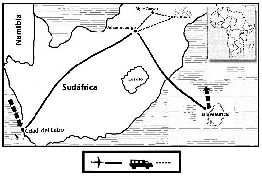 Mapa del viaje Sudáfrica - Mauricio. Ruta Indic Safari