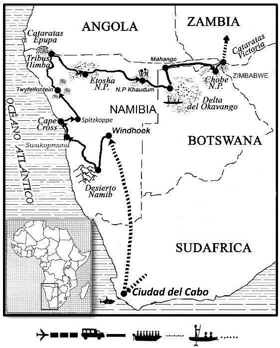 Mapa del viaje Ruta Okavango Aventura