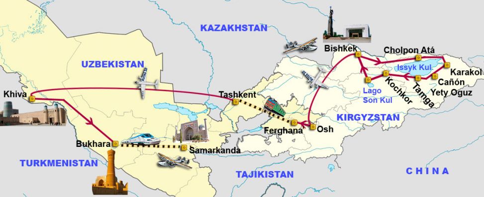 Mapa del viaje Kirgyzstán - Uzbekistán