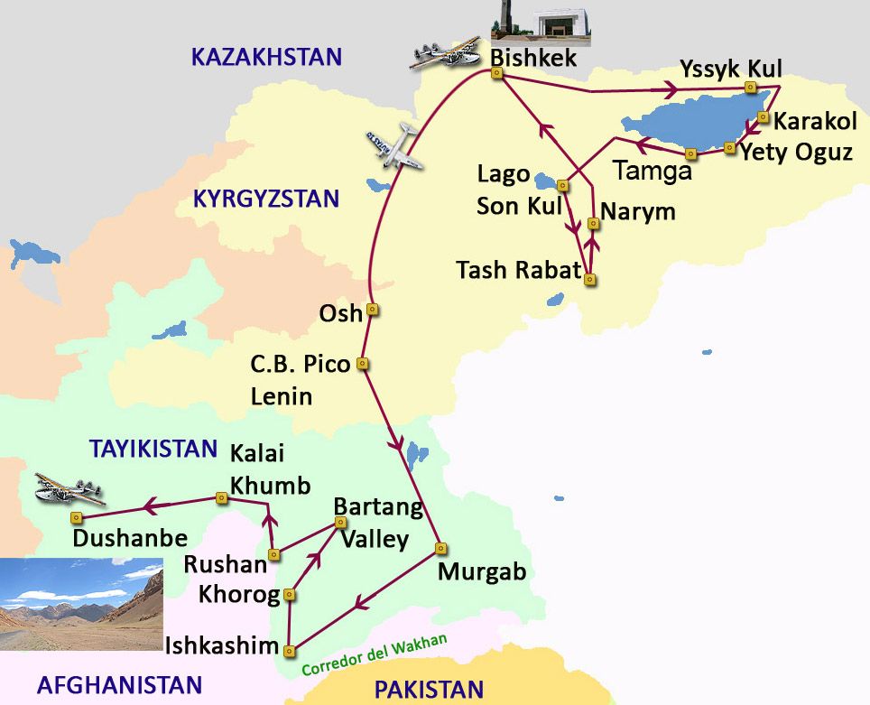 Mapa del viaje Kirgyzstán y Tayikistán. A través del Pamir