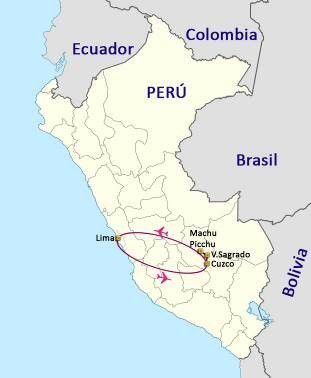 Mapa del viaje Perú. Lima - Cuzco y Machu Picchu. 