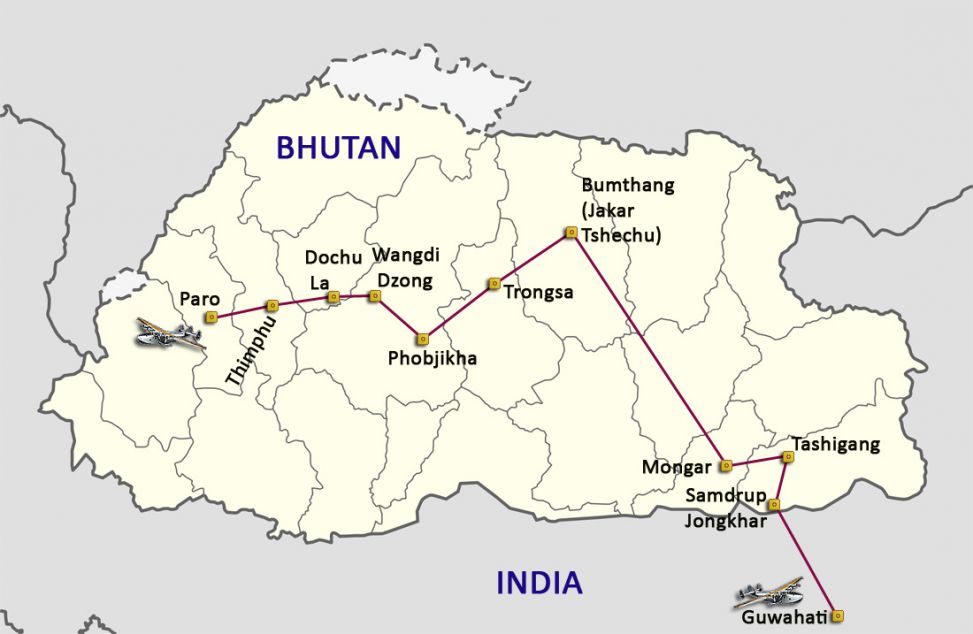 Mapa del viaje Bhután de Este a Oeste