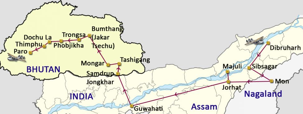 Mapa del viaje Bhután, Assam y Nagaland