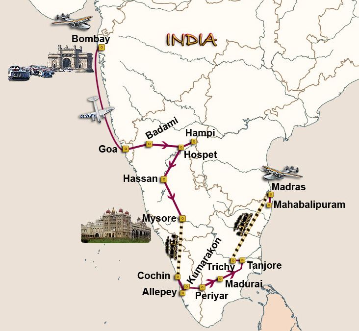 Mapa del viaje Tesoros del Sur de India