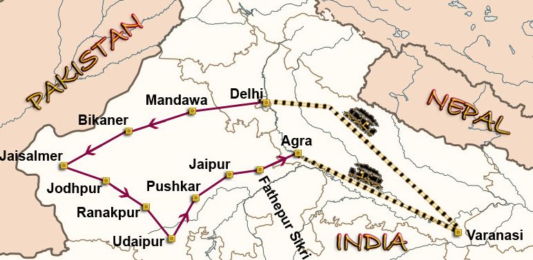 Mapa del viaje India. Rajastán y Benarés