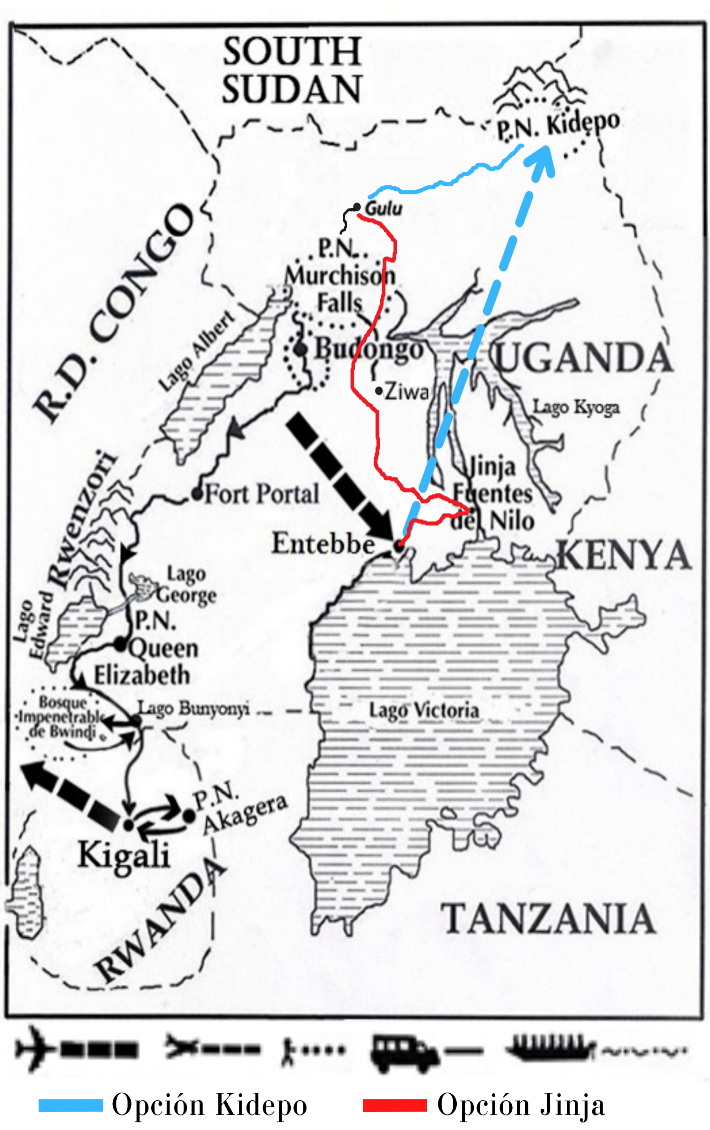 Mapa del viaje Uganda. Gorila Trek