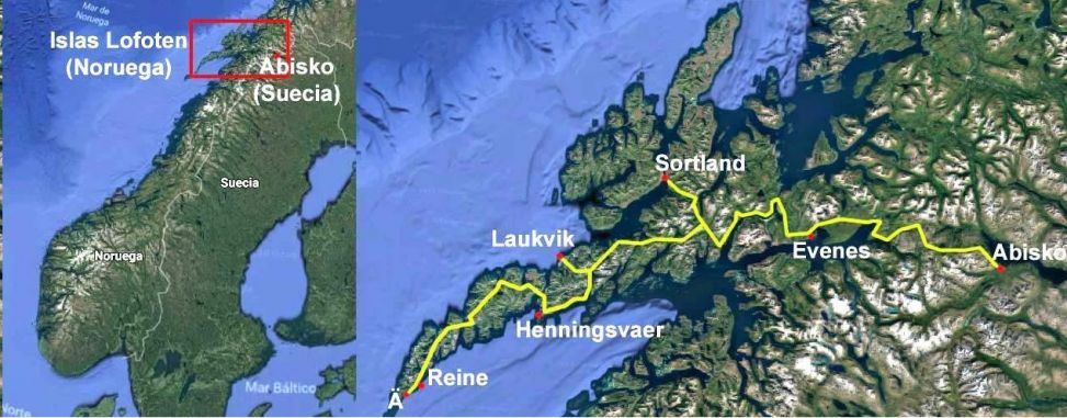 Mapa del viaje Noruega - Suecia aventura confort. Lofoten, Auroras Boreales y trineo de perros en Abisko