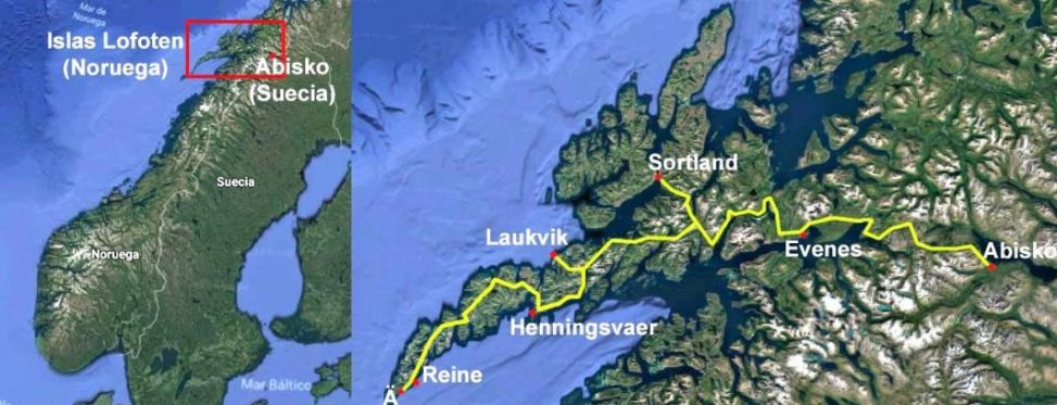 Mapa del viaje Noruega y Suecia. Auroras boreales y trineo de perros