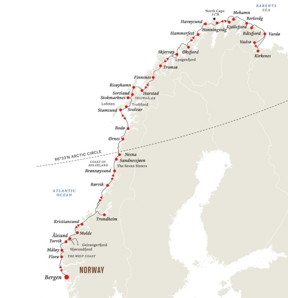 Mapa del viaje Costas de Noruega con Hurtigruten