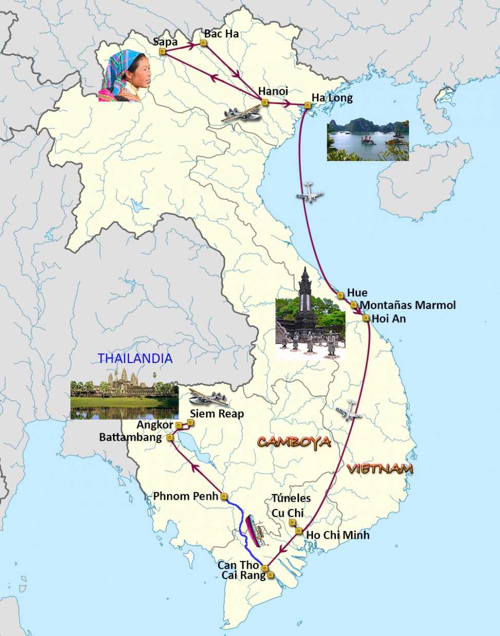 Mapa del viaje Vietnam y Camboya. Gran Deva. Un viaje diferente. 2 Septiembre. 