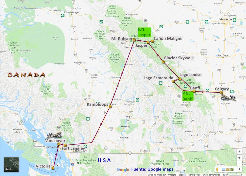 Mapa del viaje Canad�: Maravillas Rocosas Canadienses