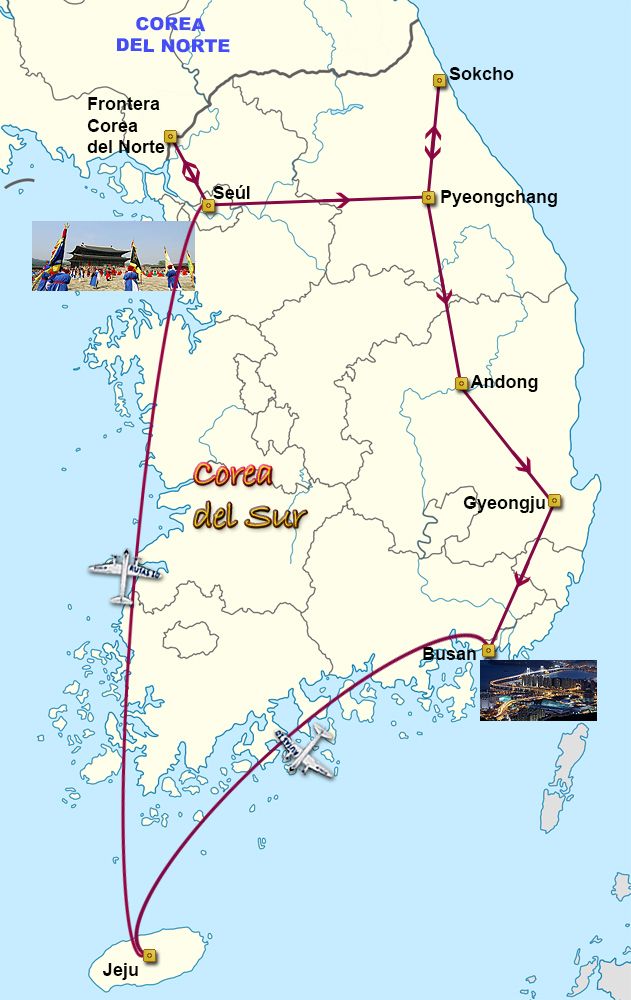 Mapa del viaje Corea del Sur. Reflejos de Corea