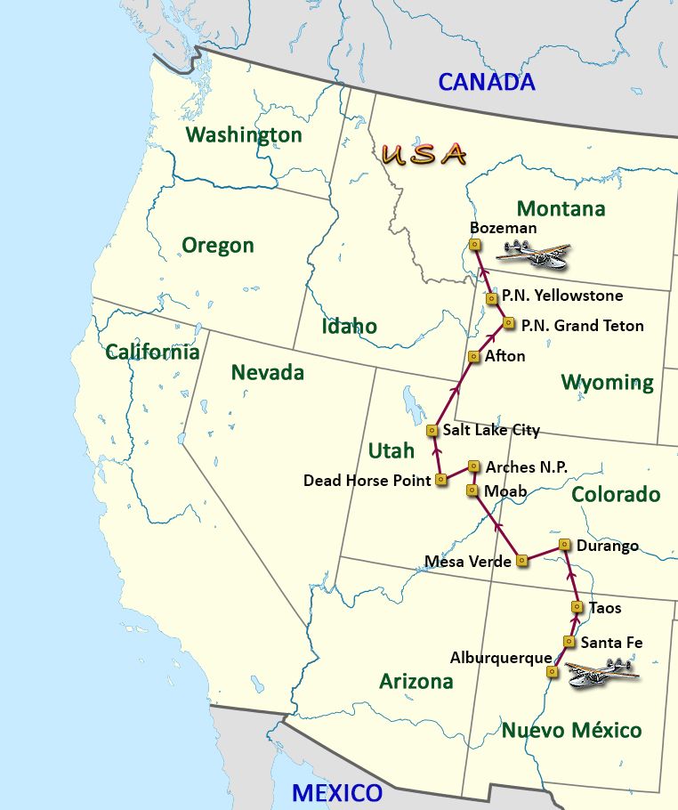 Mapa del viaje EEUU COSTA OESTE.De Nuevo M�xico a Yellowstone                     Grupo reducido