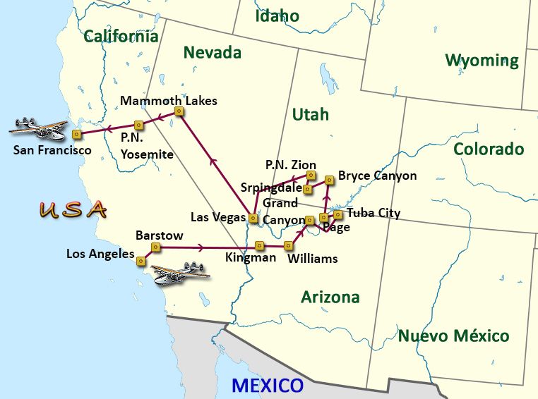 Mapa del viaje EEUU. COSTA OESTE SLOW   Grupo reducido