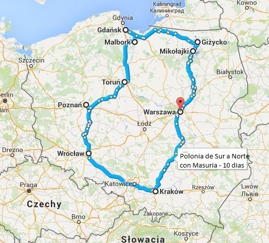 Mapa del viaje Polonia. Sur a norte con Masuria